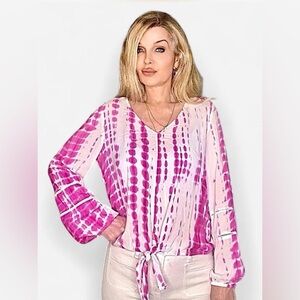 INC Pink and White Tie-Dye Long Sleeve Blouse Boho Chic M